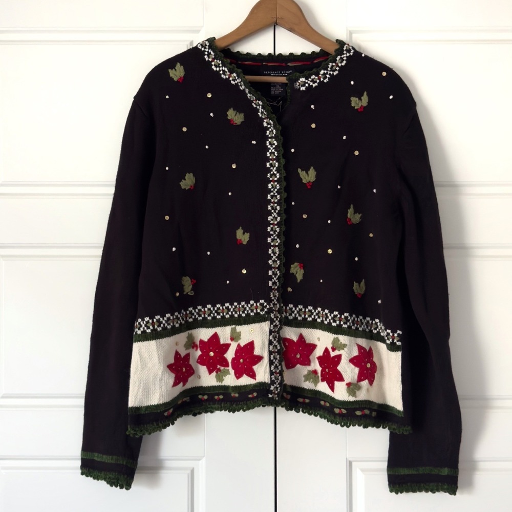 Vintage Christmas Cardigan Sweater XL Black Red Poinsettias Beaded Embroidered